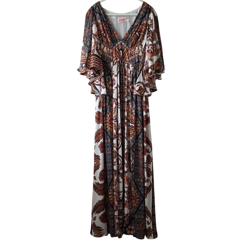 Free People 6 Fern Paisley V-Neck Split Flutter Sleeve Maxi Boho Cottagecore 70s - Picture 3 of 8